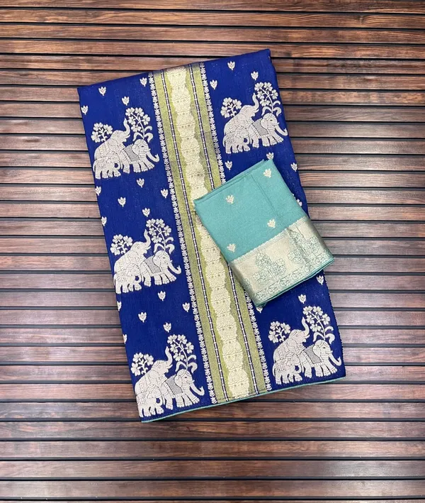 Royal_Blue_Twin_Elephant_Zari_Weave_Chinya_Tisu_Silk_Saree_With_Aqua_Contrast_Unstitched_Blouse