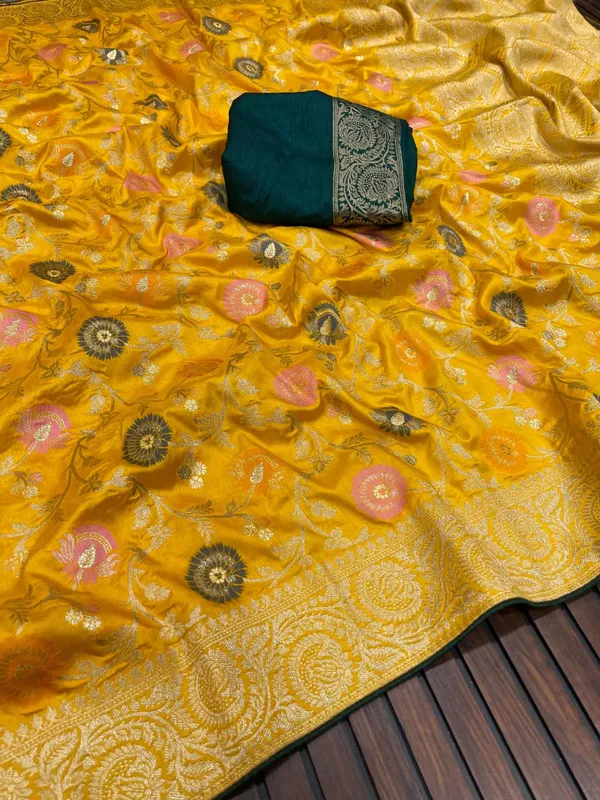 Mustard_Yellow_Meenakari_Jaal_Viscose_Dola_Silk_Saree_With_Grand_Zari_Border_Unstitched_Contrast_Blouse