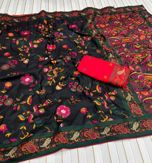 Premium_Black_Floral_Jaal_Rajwadi_Pashmina_Silk_Saree_With_Kashmiri_Weaving_Unstitched_Contrast_Blouse