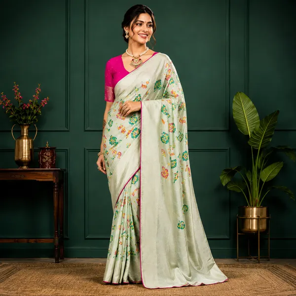 Mint_Green_Meenakari_Jaal_Khadi_Crepe_Georgette_Saree_With_Scalloped_Border_And_Unstitched_Blouse