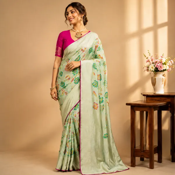 Mint_Green_Meenakari_Jaal_Khadi_Crepe_Georgette_Saree_With_Scalloped_Border_And_Unstitched_Blouse