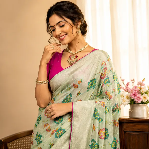 Mint_Green_Meenakari_Jaal_Khadi_Crepe_Georgette_Saree_With_Scalloped_Border_And_Unstitched_Blouse