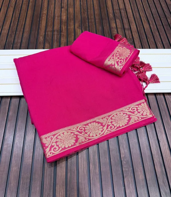 Hot_Pink_Jari_Jacquard_Khaddi_Crepe_Georgette_Saree_With_Tassel_Pallu_Unstitched_Blouse