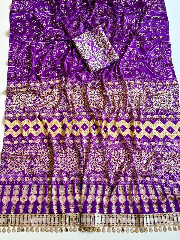 Royal_Purple_Bandhani_Mirror_Work_Crepe_Silk_Saree_With_Designer_Cutwork_Pallu_Unstitched_Blouse