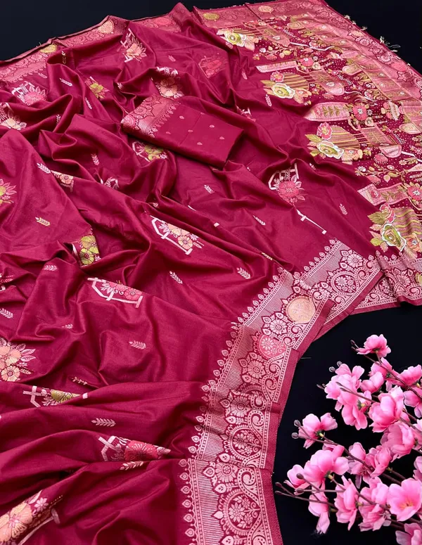 Deep_Magenta_Floral_Meenakari_Khadi_Crepe_Silk_Georgette_Saree_With_Rich_Pallu_And_Unstitched_Blouse