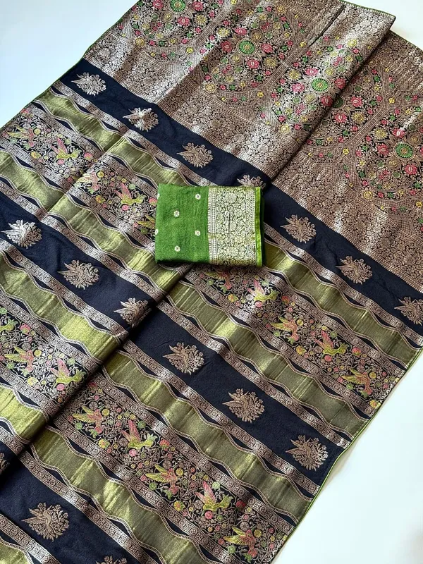 Olive_Green_Meenakari_Bird_Motif_Chinya_Tissue_Shimmer_Crepe_Georgette_Saree_With_Rich_Pallu_Unstitched_Blouse