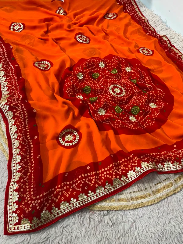 Kesari_Orange_Jaipuri_Gota_Patti_Pure_Soft_Georgette_Bandhej_Saree_With_Premium_Pallu_And_Unstitched_Blouse