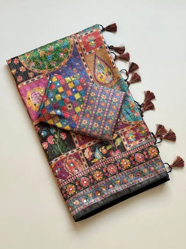 Black_Floral_Mirror_Work_Dola_Silk_Saree_With_UHD_Digital_Print_Unstitched_Blouse