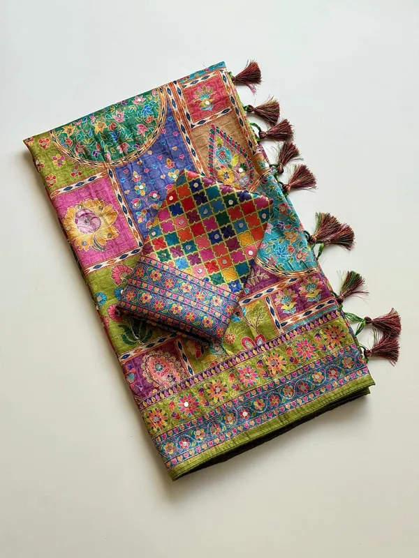 Olive_Green_Floral_Mirror_Work_Dola_Silk_Saree_With_UHD_Digital_Print_Unstitched_Blouse