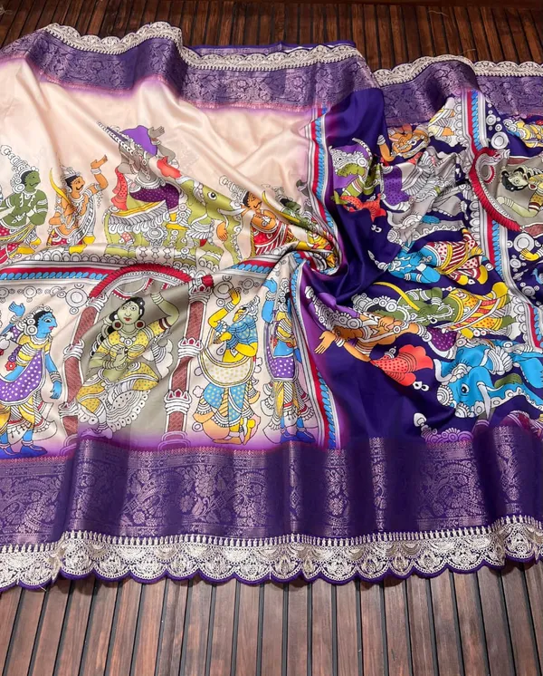 Royal_Purple_Pichwai_Kalamkari_Lichi_Silk_Saree_With_Zari_Weaving_Border_Unstitched_Blouse