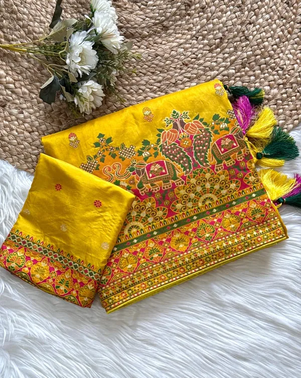 Premium_Mustard_Yellow_Kashmiri_Woven_Rajwadi_Pashmina_Dola_Silk_Saree_With_Tassel_Pallu_Unstitched_Blouse