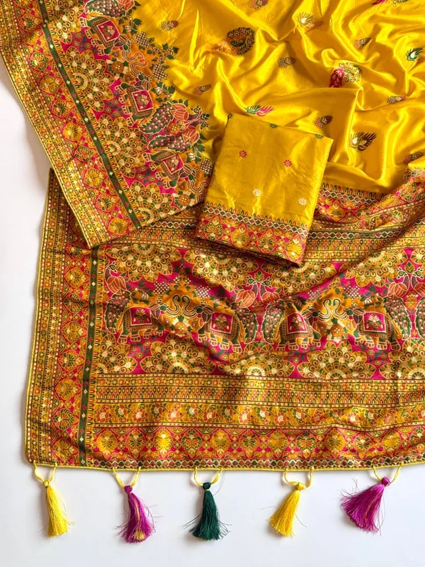 Premium_Mustard_Yellow_Kashmiri_Woven_Rajwadi_Pashmina_Dola_Silk_Saree_With_Tassel_Pallu_Unstitched_Blouse