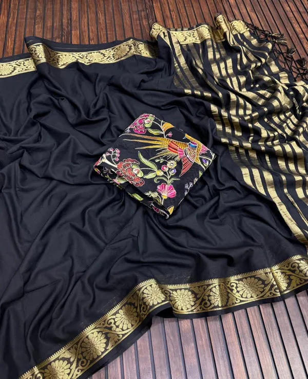Classic_Black_Khaddi_Crepe_Georgette_Saree_With_Zari_Jacquard_Border_And_Dual_Embroidered_Unstitched_Blouse