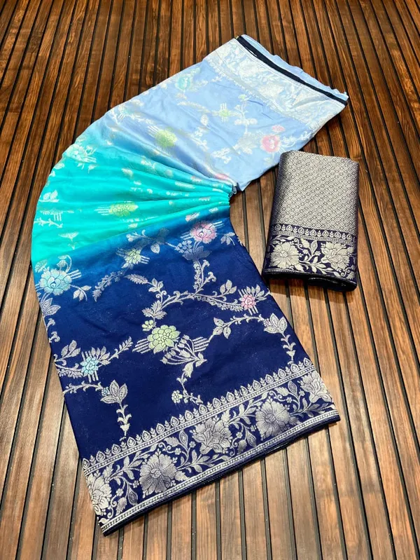 Ocean_Blue_Ombre_Floral_Jangla_Banarasi_Khaddi_Viscose_Georgette_Saree_With_Rich_Pallu_Unstitched_Blouse