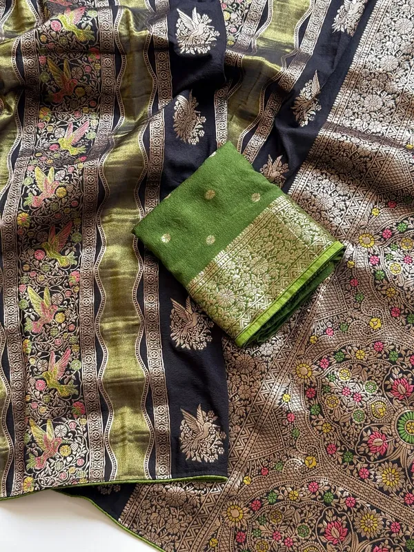 Olive_Green_Meenakari_Bird_Motif_Chinya_Tissue_Shimmer_Crepe_Georgette_Saree_With_Rich_Pallu_Unstitched_Blouse