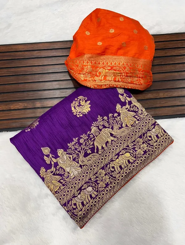 Royal_Purple_Kalamkari_Heritage_Dola_Silk_Saree_With_Contrast_Orange_Blouse_And_Unstitched_Blouse