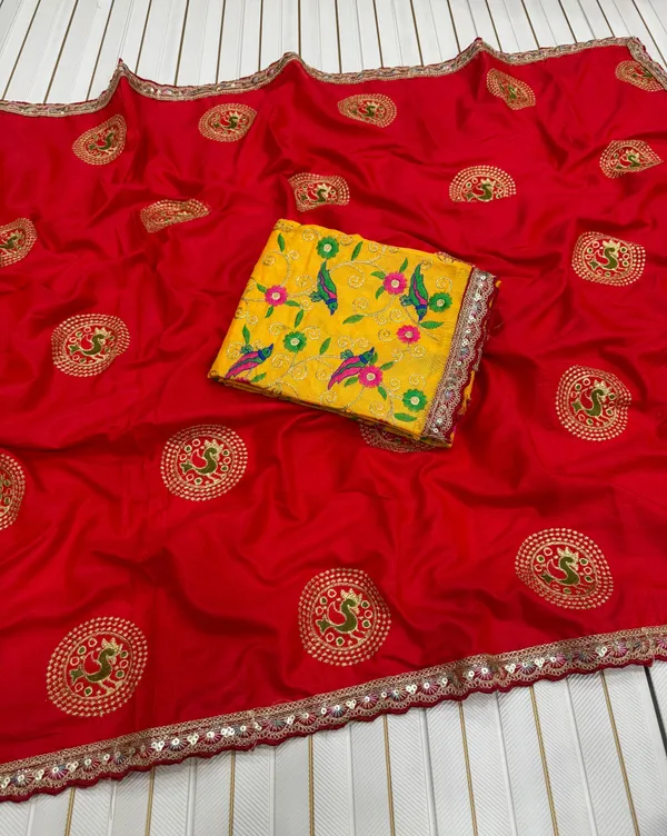 Ruby_Red_Kalamkari_Embroidered_Dola_Silk_Saree_With_Floral_Bangalore_Silk_Unstitched_Blouse