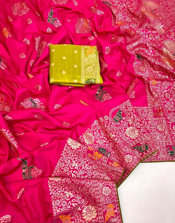 Rani_Pink_Peacock_Motif_Banarasi_Dola_Silk_Saree_With_Heritage_Woven_Unstitched_Blouse