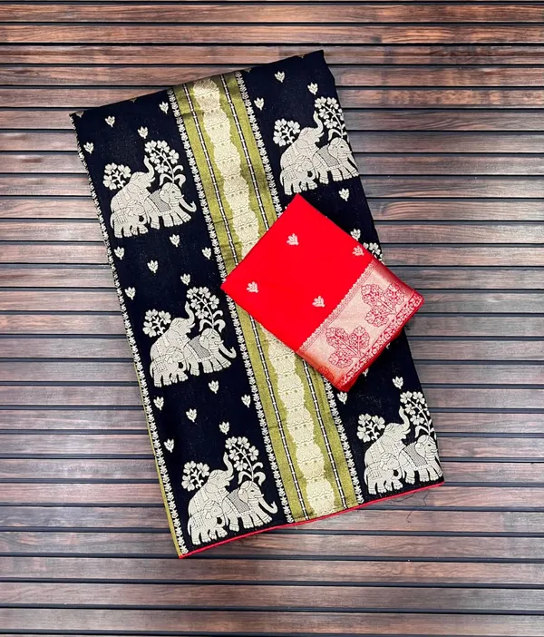 Midnight_Black_Twin_Elephant_Zari_Weave_Chinya_Tisu_Silk_Saree_With_Scarlet_Red_Unstitched_Blouse