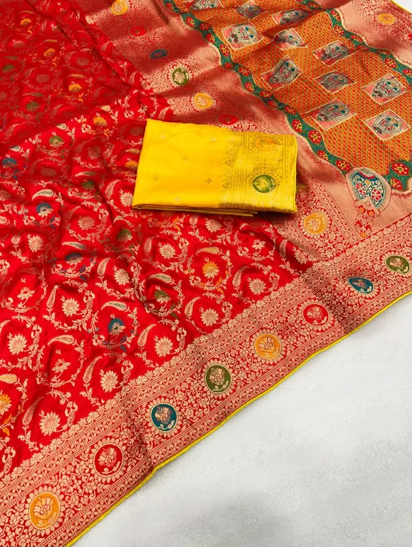 Classic_Red_Lakhnavi_Meena_Dola_Silk_Saree_With_Jacquard_Jaal_Rich_Pallu_And_Unstitched_Blouse