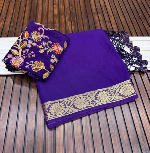 Purple_Khaddi_Crepe_Georgette_Saree_With_Zari_Jacquard_Border_And_Dual_Embroidered_Unstitched_Blouse