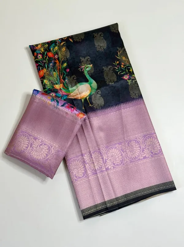 Lavender_Peacock_Print_Dola_Silk_Saree_With_Jacquard_Mango_Butti_Border_And_Contrast_Unstitched_Blouse