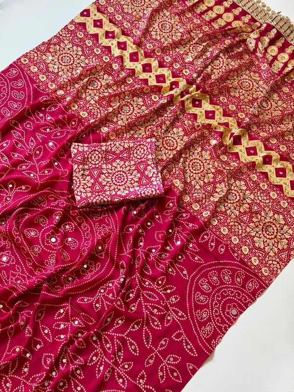 Fuchsia_Bandhani_Mirror_Work_Crepe_Silk_Saree_With_Embellished_Designer_Pallu_Unstitched_Blouse