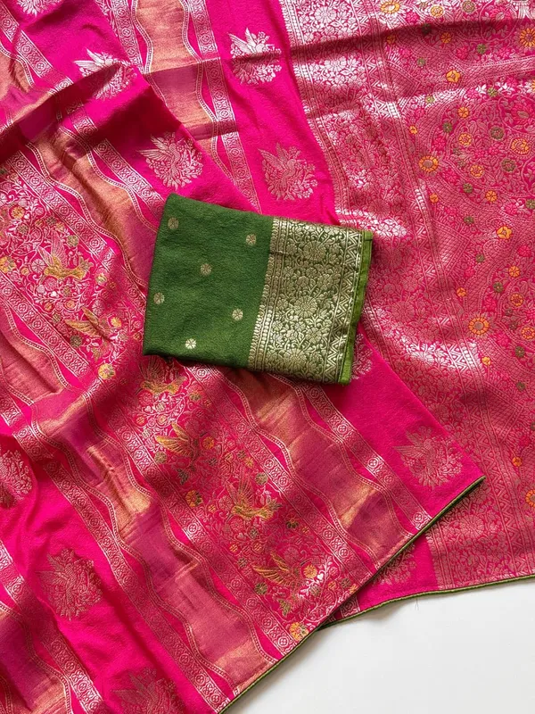 Rani_Pink_Meenakari_Bird_Motif_Chinya_Tissue_Shimmer_Crepe_Georgette_Saree_With_Rich_Pallu_Unstitched_Blouse