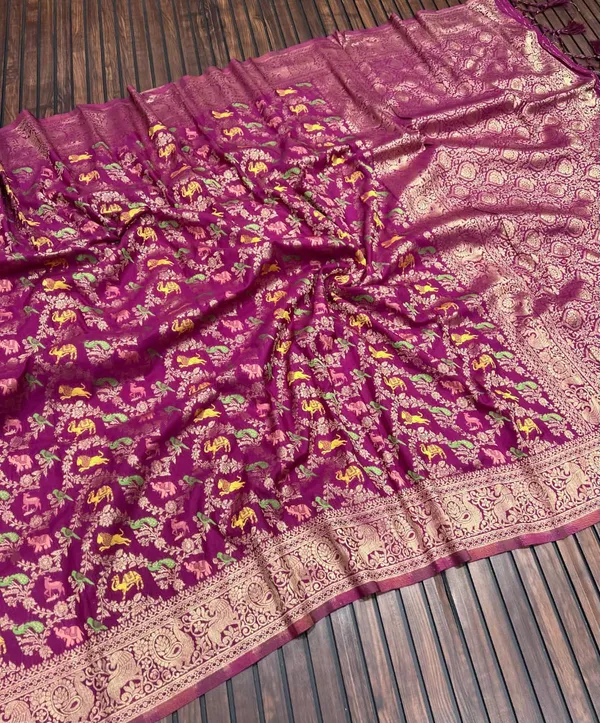 Royal_Magenta_Animal_Motif_Kadi_Crepe_Georgette_Saree_With_Meenakari_Jaal_Rich_Pallu_Unstitched_Blouse