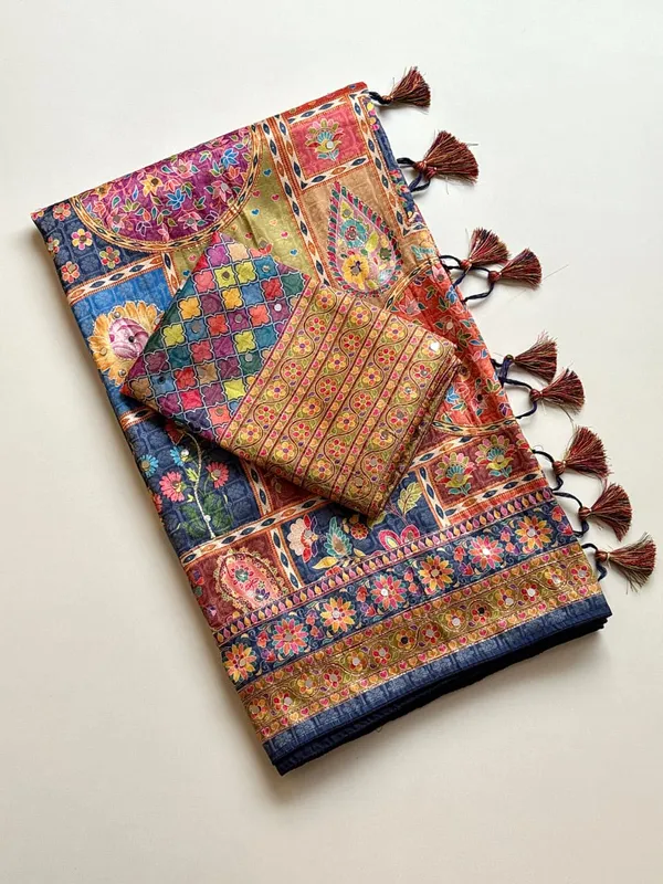 Navy_Blue_Floral_Mirror_Work_Dola_Silk_Saree_With_UHD_Digital_Print_Unstitched_Blouse