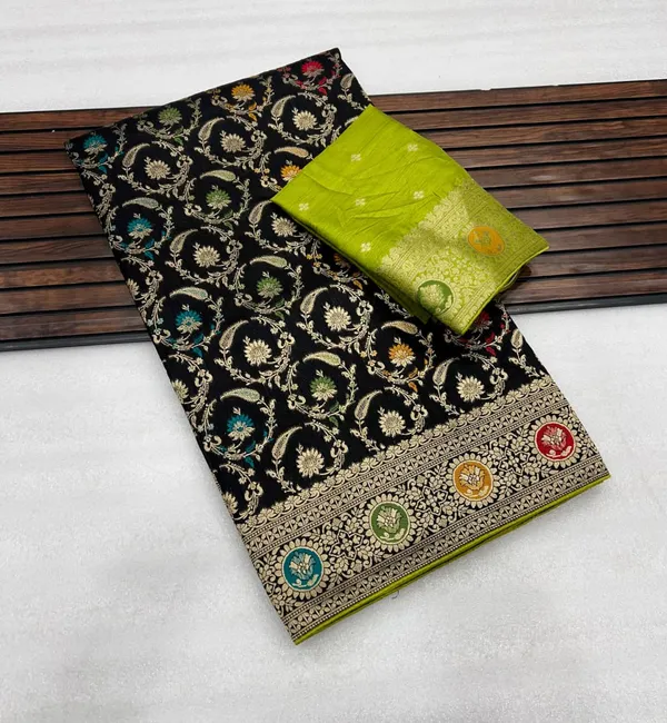 Black_Lakhnavi_Meena_Dola_Silk_Saree_With_Jacquard_Jaal_Rich_Pallu_And_Unstitched_Blouse