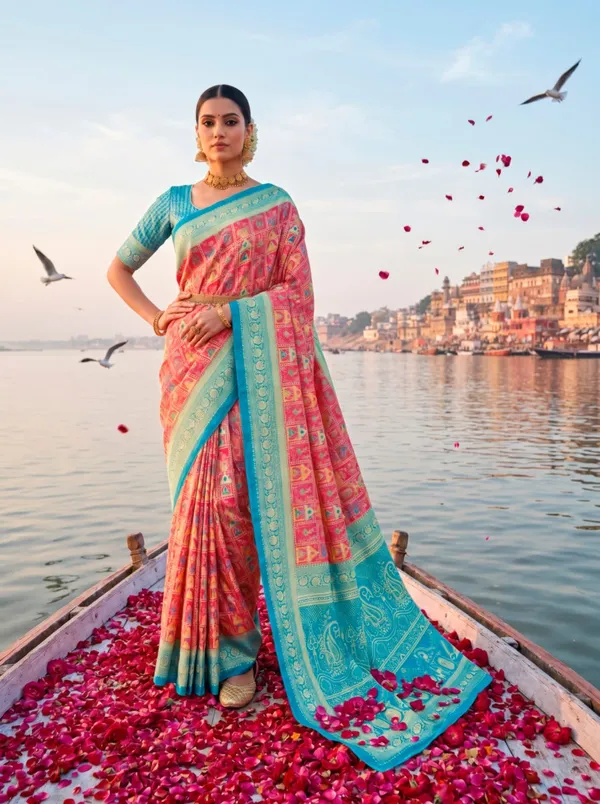 Coral_Pink_Digital_Pasmina_Weaving_Softy_Silk_Saree_With_Aqua_Zari_Border_Unstitched_Blouse