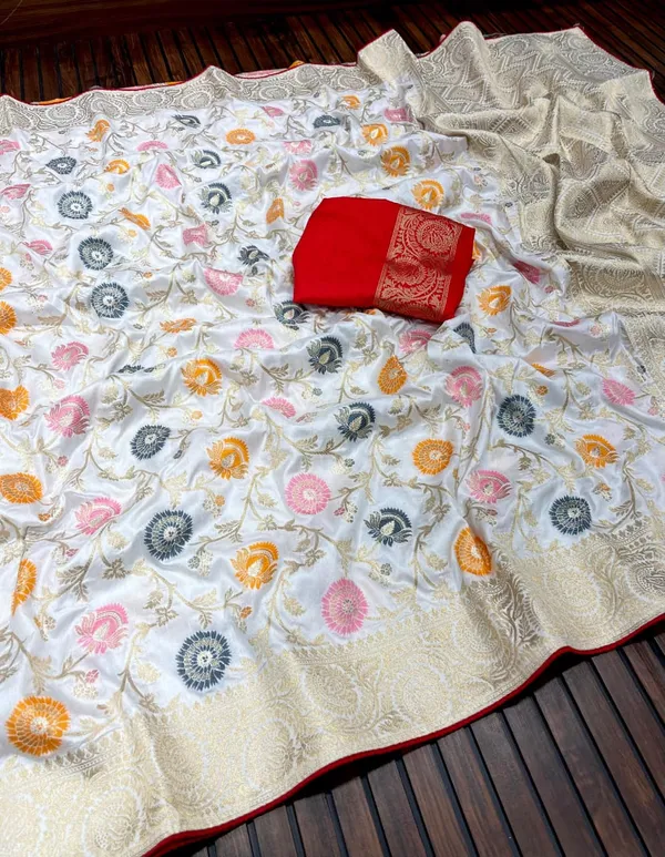 Ivory_Meenakari_Jaal_Viscose_Dola_Silk_Saree_With_Rich_Zari_Pallu_Unstitched_Contrast_Blouse