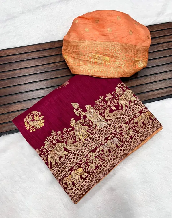 Wine_Kalamkari_Heritage_Dola_Silk_Saree_With_Contrast_Peach_Blouse_And_Unstitched_Blouse