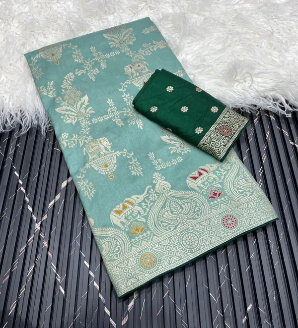 Sea_Green_Elephant_Jacquard_Banarasi_Dola_Silk_Saree_With_Rich_Pallu_And_Unstitched_Blouse