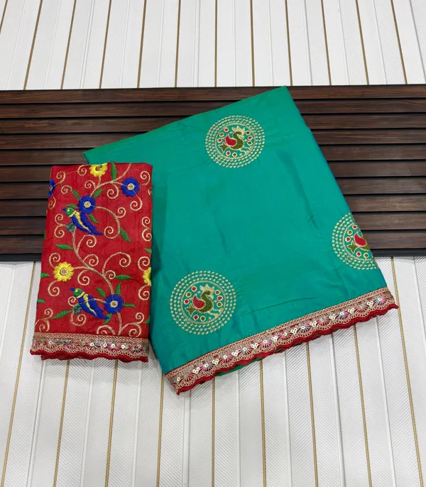 Emerald_Green_Kalamkari_Embroidered_Dola_Silk_Saree_With_Contrast_Bangalore_Silk_Unstitched_Blouse