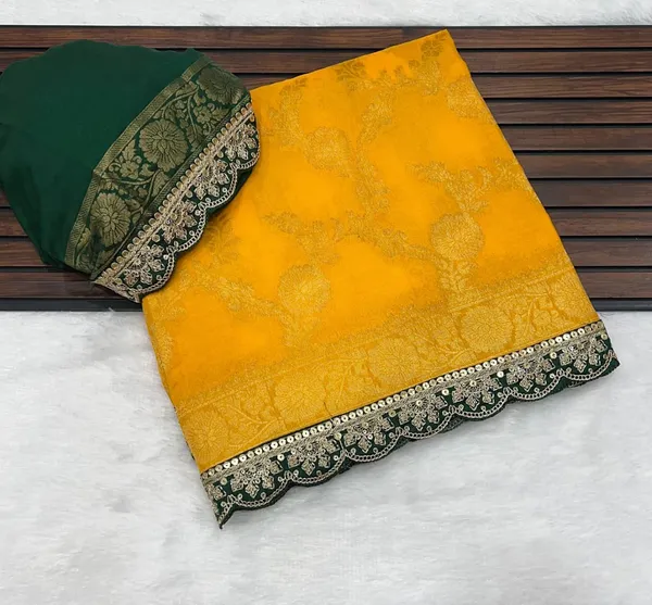 Mustard_Yellow_Floral_Jacquard_Khadi_Crepe_Georgette_Saree_With_Sequins_Cutwork_Lace_Unstitched_Blouse