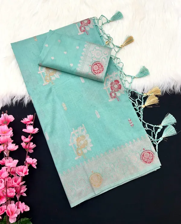 Sea_Green_Meenakari_Butta_Khadi_Crepe_Silk_Georgette_Saree_With_Rich_Pallu_And_Unstitched_Blouse