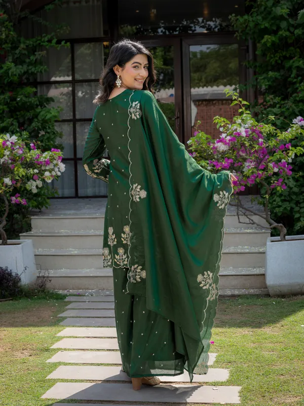 Premium_Mehendi_Green_Chinnon_Embroidered_Kurta_Pant_Dupatta_Set_For_Women