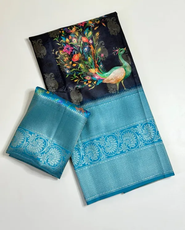 Sky_Blue_Peacock_Digital_Print_Dola_Silk_Saree_With_Jacquard_Mango_Butti_Border_And_Unstitched_Blouse