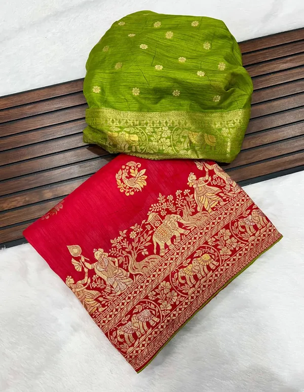 Rani_Pink_Kalamkari_Heritage_Dola_Silk_Saree_With_Contrast_Pista_Green_Blouse_And_Unstitched_Blouse