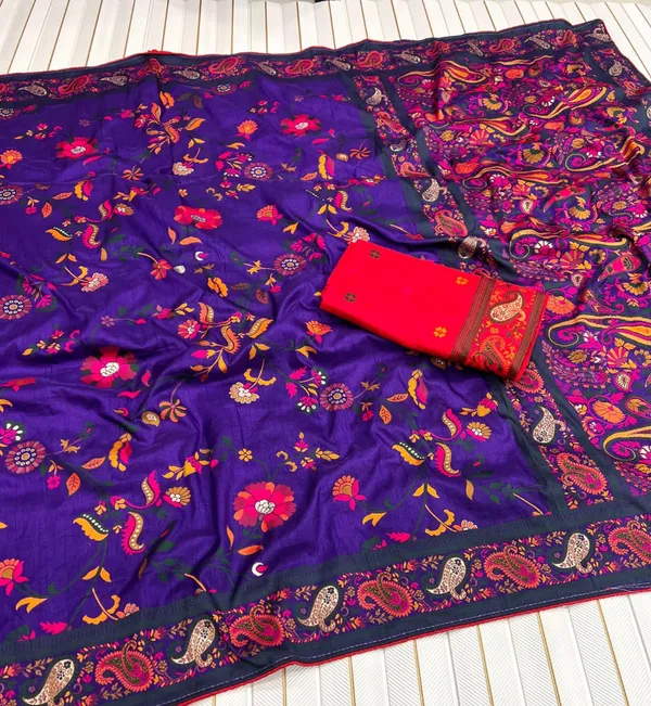 Premium_Royal_Purple_Floral_Jaal_Rajwadi_Pashmina_Silk_Saree_With_Kashmiri_Weaving_Unstitched_Contrast_Blouse