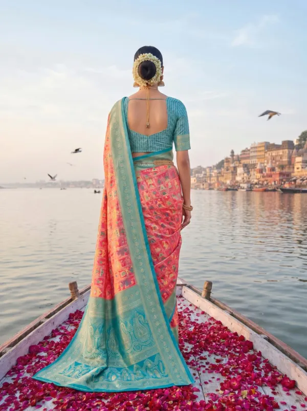 Coral_Pink_Digital_Pasmina_Weaving_Softy_Silk_Saree_With_Aqua_Zari_Border_Unstitched_Blouse