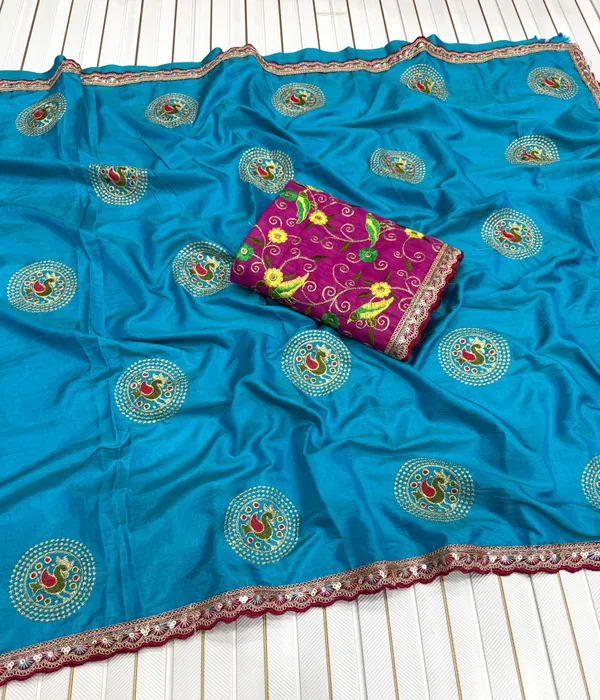 Turquoise_Blue_Kalamkari_Butta_Dola_Silk_Saree_With_Embroidered_Bangalore_Silk_Unstitched_Blouse