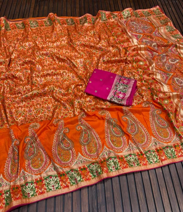 Vibrant_Orange_Twin_Mango_Swarovski_Pashmina_Silk_Saree_With_Contrast_Blouse_Unstitched_Blouse
