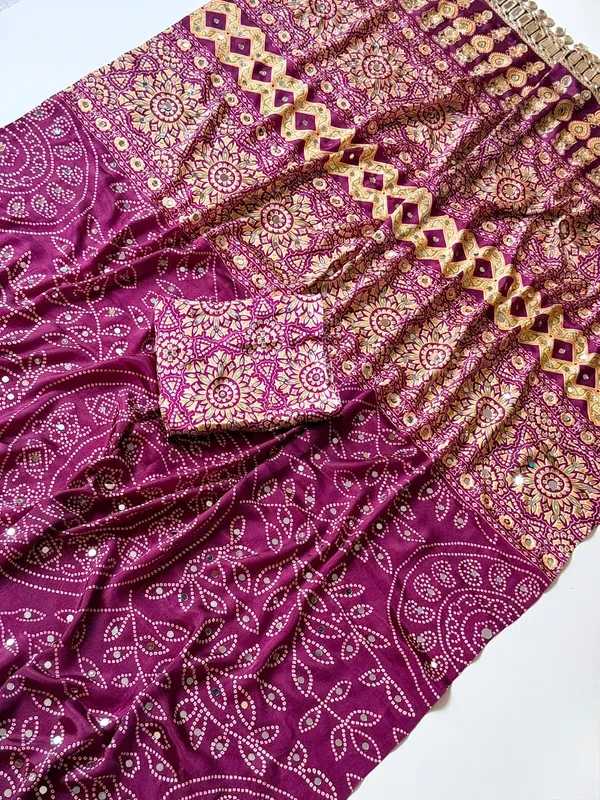 Magenta_Bandhani_Mirror_Work_Crepe_Silk_Saree_With_Embellished_Designer_Pallu_Unstitched_Blouse