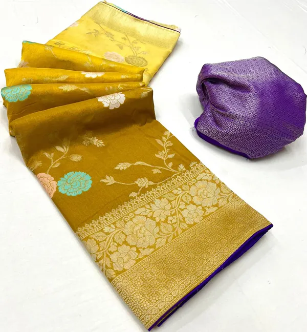 Mustard_Gold_Floral_Meenakari_Kaddi_Crepe_Georgette_Saree_With_Contrast_Brocade_Blouse