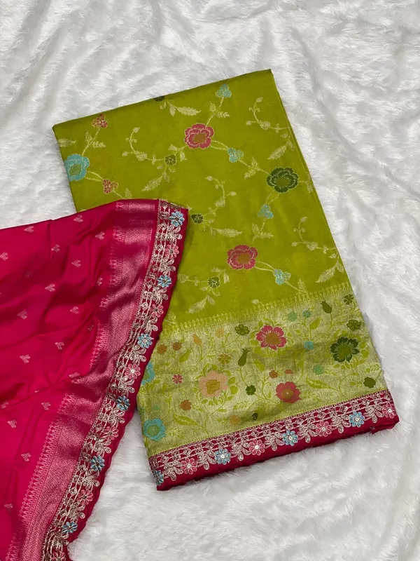 Olive_Green_Floral_Jacquard_Khaddi_Crepe_Georgette_Paithani_Silk_Saree_Embroidered_Lace_Border_Unstitched_Blouse