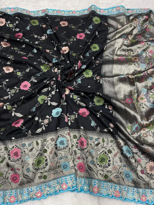 Midnight_Black_Floral_Paithani_Khaddi_Crepe_Georgette_Saree_With_Embroidered_Lace_Border_Unstitched_Blouse