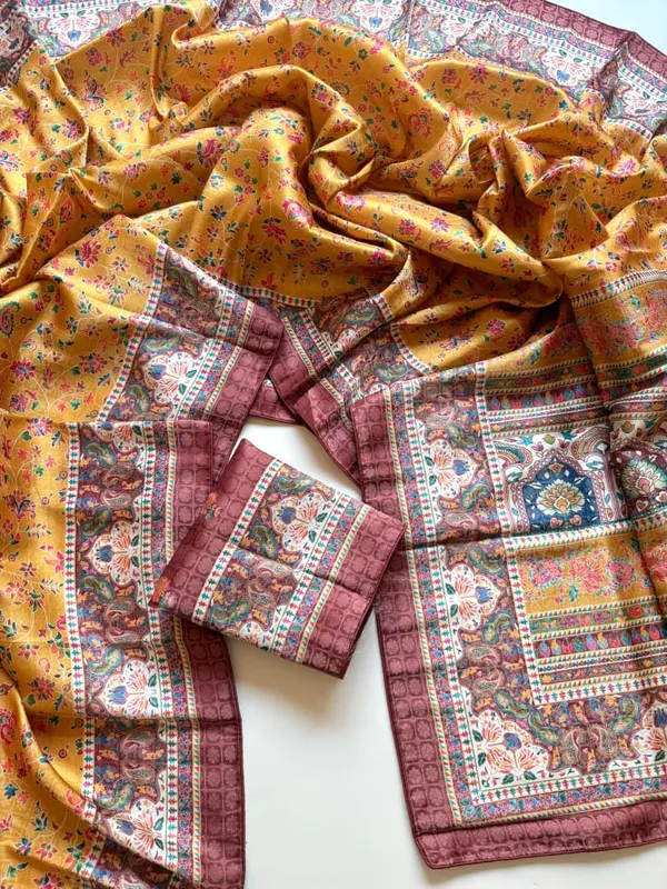 Mustard_Yellow_Floral_Dola_Silk_Saree_With_Jacquard_Paisley_Border_And_Unstitched_Blouse